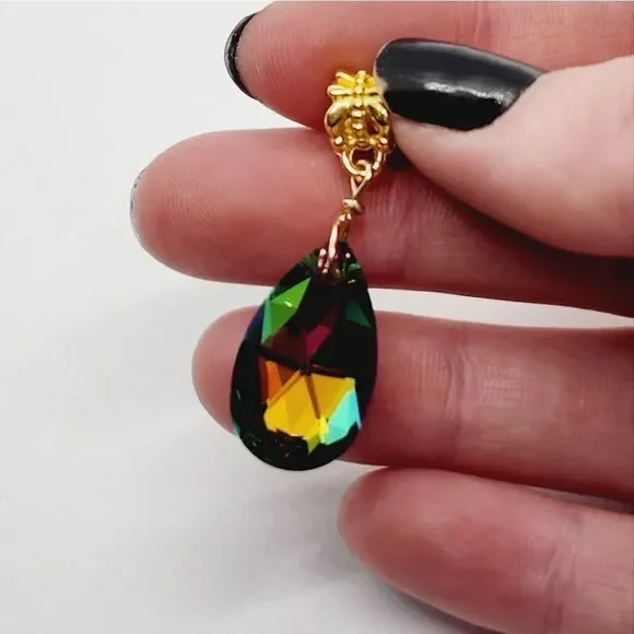 Sparkly! Faceted Rainbow Titanium Crystal Teardrop Gold Column Pendant - Picture 1 of 3